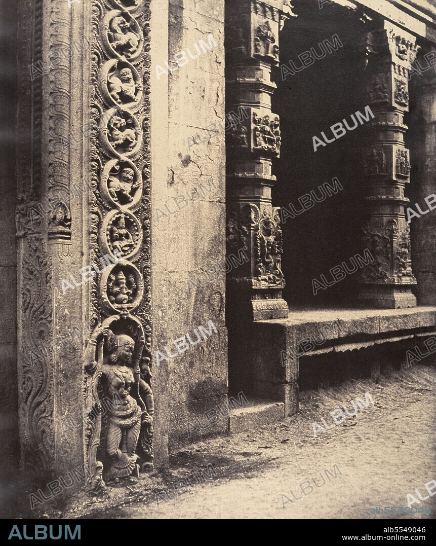 CAPTAIN LINNAEUS TRIPE. Pillars in the Recessed Portico in the Roya Gopuram with the Base of One of the Four Sculptured Monoliths, Madura, January-March 1858.