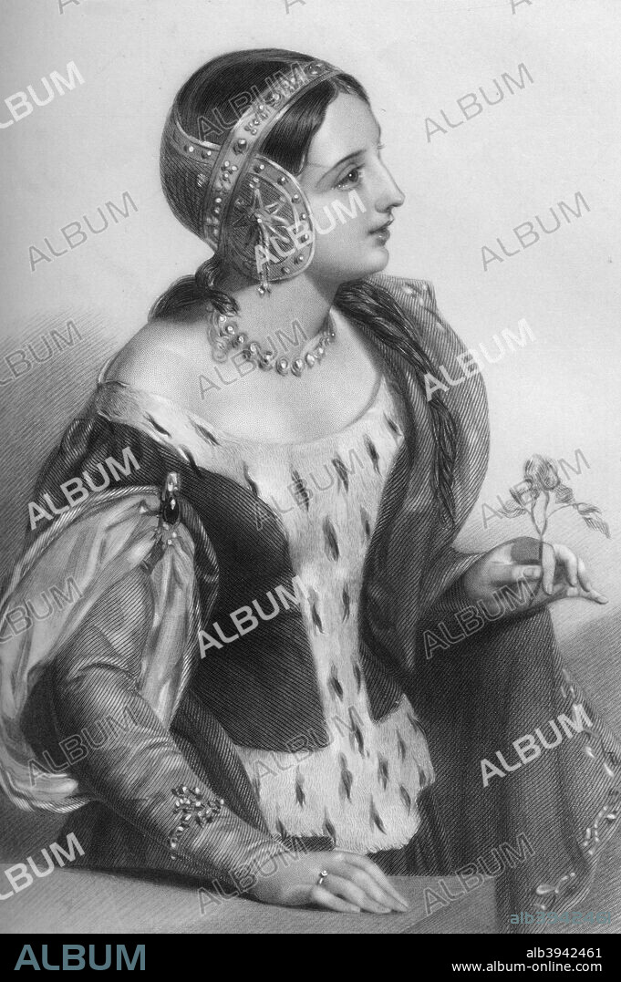 Isabella of France (1295-1358), queen consort of King Edward II, 1851. From Biographical Sketches of the Queens of Great Britain, from the Norman Conquest to the Reign of Victoria, or Royal Book of Beauty, edited by Mary Howitt, Henry G Bohn, London, 1851.