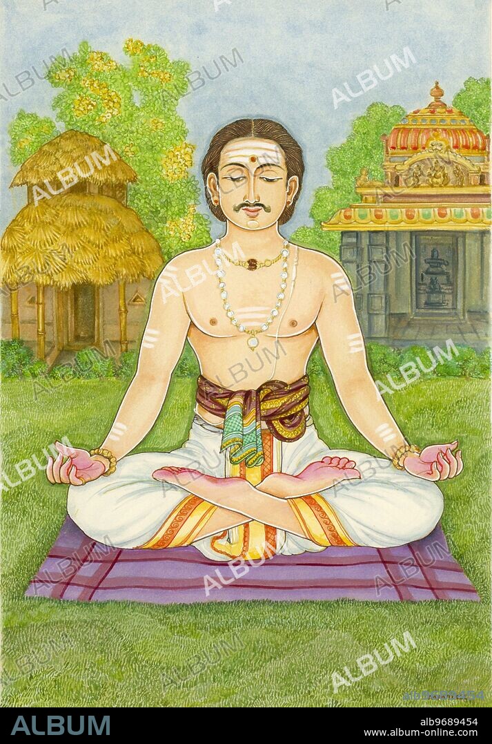 HAP-136807 : Artist Manivelu - yoga - meditation - hindu belief - hindu - hinduism - art - himalayan academy art - temple - village - hut - asana - lotus - lotus posture - linga - sivalinga -.