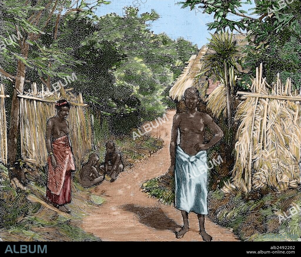 HISTORIA DE AFRICA. IMPERIALISMO FRANCES. DAHOMEY. Una calle de Porto-Novo. Residencia oficial del gobernador francés. REPUBLICA DE AFRICA OCCIDENTAL. Grabado coloreado de "La Ilustración Española y Americana" (año 1890) .