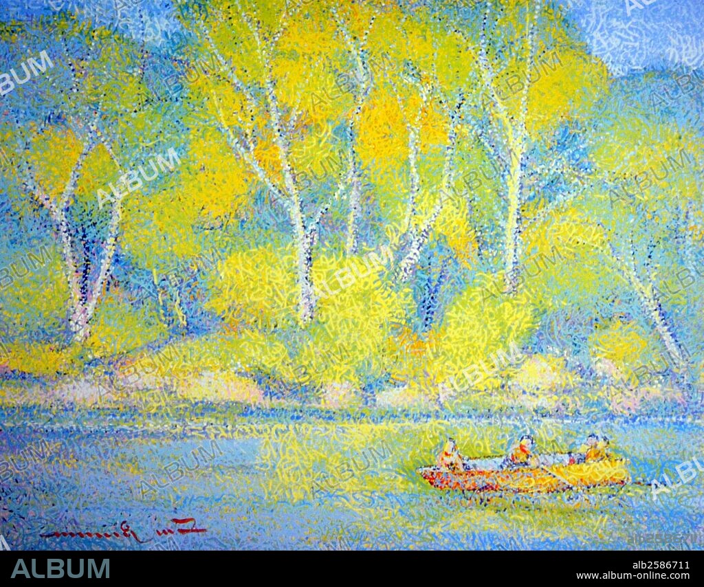 Manuel Rodriguez, Sr. Accrylic on Paper, 'Boat on River' 1992.