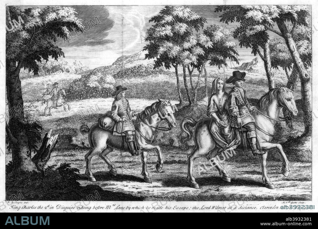 King Charles II escaping from England, 1651. King Charles II in disguise riding before Mrs Lane by which he made his escape. Lord Wilmot in the distance. After the execution of his father, Charles I, Charles II claimed the throne and invaded England in 1651. He was defeated by the Parliamentarian army at the Battle of Worcester and was forced to hide in a hollow oak tree near Boscobel House in Shropshire to elude the Parliamentarian forces trying to capture him. Charles escaped into exile in disguise but returned when the monarchy was restored after the death of Oliver Cromwell and the end of the Protectorate.