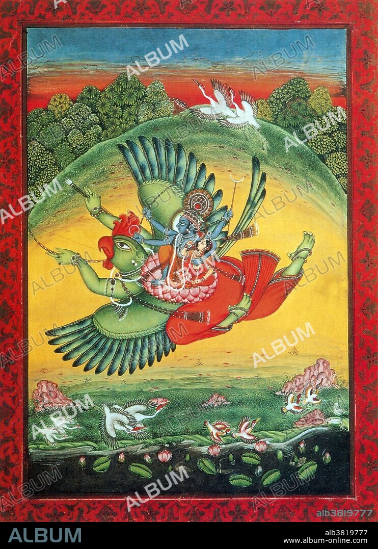 The Garuda is a large mythical bird or bird-like creature that appears in both Hindu and Buddhist mythology. Garuda is one of the three principal animal deities in the Hindu Mythology that has evolved after the Vedic Period in Indian history. The other two are Ganesha, and Hanuman. Garuda is the king of the birds. He mocks the wind with the speed of his flight. As the appointed charger of Vishnu he is venerated by all, including humans. He has the head, wings, talons, and beak of an eagle and the body and limbs of a man. He has a white face, red wings and golden body. In Hindu religion, Garuda is a Hindu divinity, usually the mount (vahana) of the Lord Vishnu. In Buddhist mythology, the Garuda are the great golden-winged Peng birds. They have the ability to grow large or small, and to appear and disappear at will. Some of them have the magical power of changing into human form.