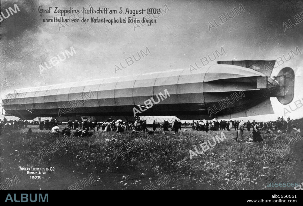 Transport:. Aviation / Airships. "Graf Zeppelin's airship on 5 August 1908 / shortly before the disaster near Echterdingen". (LZ 4, built by Ferdinand Graf von Zeppelin, 1838-1917; explodet at Echterdingen Airport near Stuttgart). Photo.