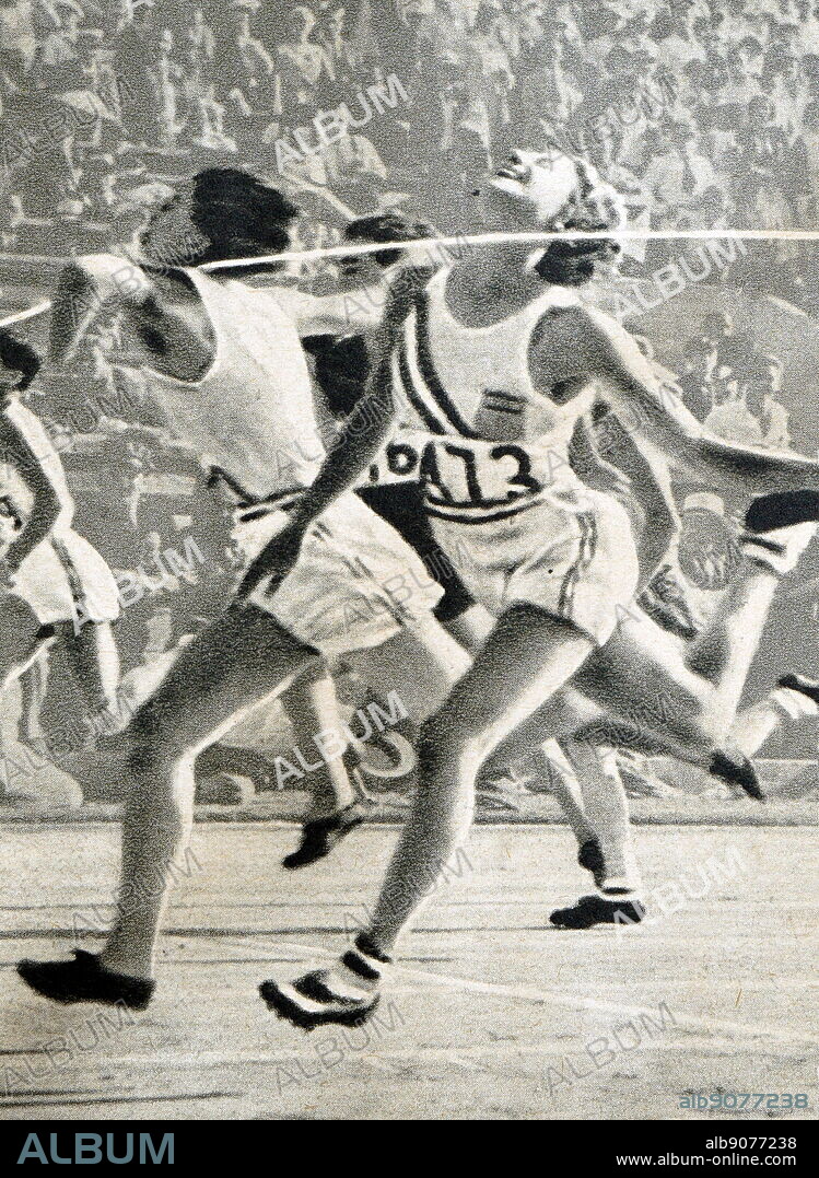 Photograph of Mildred Ella "Babe" Didrikson Zaharias (1911 - 1956) winning the 80m Hurdles at the 1932 Olympic games. Babe gained world fame in track and field and All-American status in basketball.