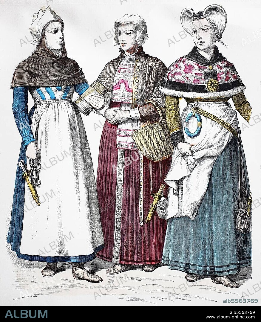 Folk traditional costume, Clothing, History of costumes, Woman from Upford Denmark, Woman from Ditmarschen, Woman from Enderstedt, Germany, 1600-1630, Historical, digitally restored reproduction of a 19th century original, Europe.