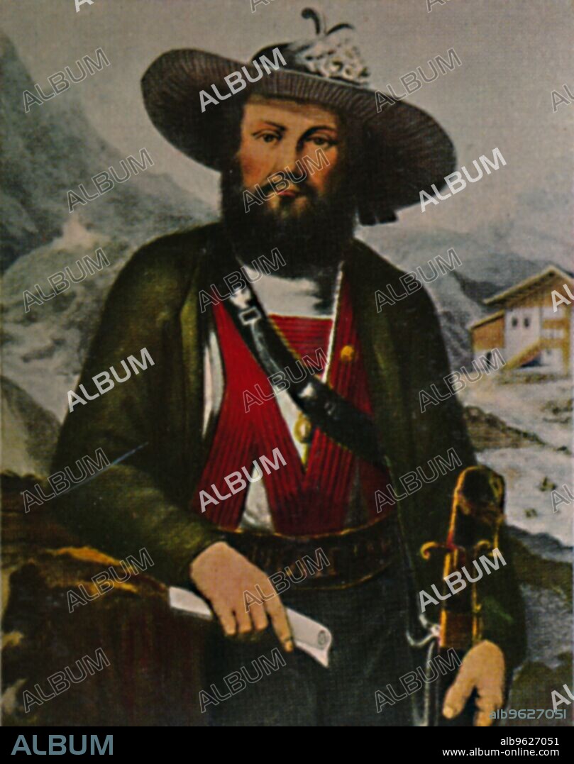 'Andreas Hofer 1767-1810', 1934. Andreas Hofer (1767-1810), Tyrolean innkeeper and drover, who in 1809 became the leader of the Tyrolean Rebellion against the revolutionary Napoleonic invasion during the War of the Fifth Coalition. He was subsequently captured and executed. From "Die Großen der Weltgeschichte". [Eckstein-Halpaus, Dresden, 1934].