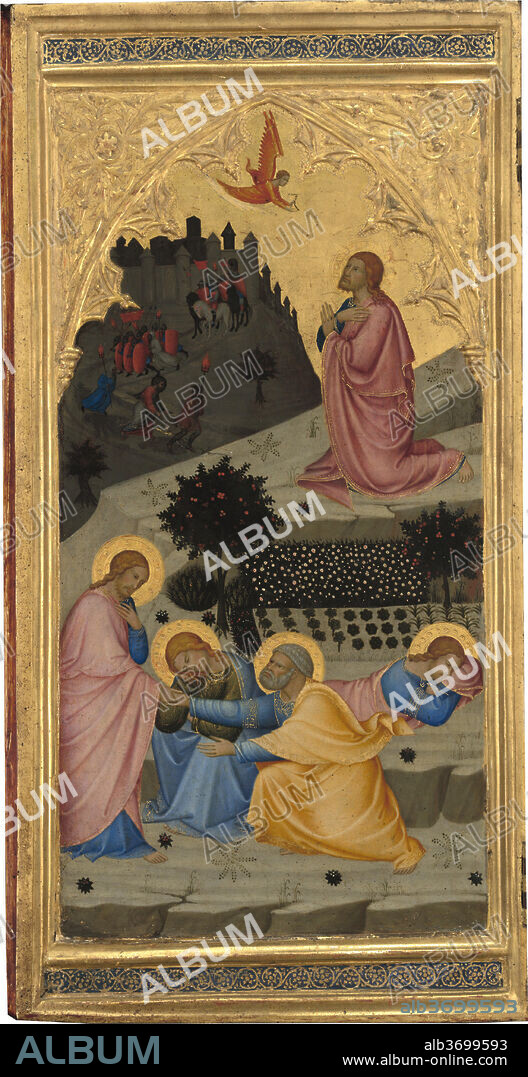 ANDREA VANNI. Scenes from the Passion of Christ: The  Agony in the Garden [left panel]. Dated: 1380s. Dimensions: painted surface: 47 × 23.8 cm (18 1/2 × 9 3/8 in.)  overall: 56.7 × 29.3 × 3.3 cm (22 5/16 × 11 9/16 × 1 5/16 in.). Medium: tempera on panel.