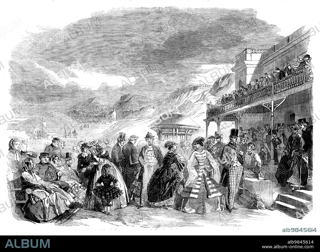 Scarborough Spa - from a sketch by Miss Claxton, 1858. Resort on the coast of Yorkshire. 'Apart from the excellent qualities of its mineral waters, the "queen of watering-places" is famous for its romantic and picturesque location...The Spa House is handsome and commodious, and is reached from the town by a bridge, called the Cliff Bridge, which was built in 1826, in order to afford facilities for obtaining the waters without the trouble and fatigue of a somewhat steep ascent. The mineral waters owe their discovery to a lady, a Mrs. Farrow, who lived at Scarborough in 1620, and who observed that...it must have medicinal properties. Mrs. Farrow having caused experiments to be made with it, it was found to answer so well for many disordered conditions of the human frame that it became the usual physic of the inhabitants. Its fame soon extended all over Yorkshire, and in process of time it acquired a reputation scarcely second to that of many of the German spas. Its effects in debility arising from diseases of the stomach and digestive organs, on the kidneys, &c., are well known, and, in combination with pure bracing air and delightful sea-bathing, has made Scarborough the resort not only of all health and pleasure seekers in Yorkshire, but from all parts of the kingdom'. From "Illustrated London News", 1858.