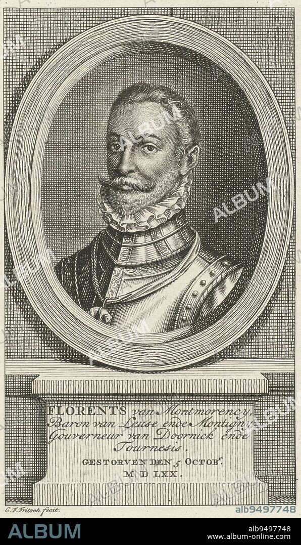 Portrait of Philip of Montmorency, Baron of Montigny, Christian Friedrich Fritzsch, 1786, Portrait bust in oval to the left of Philip of Montmorency, Baron of Montigny, in armor. Around his neck hangs a ribbon with the symbol of the Order of the Golden Fleece. Below the oval, a pedestal lists his name, titles and date of death., print maker: Christian Friedrich Fritzsch, (mentioned on object), 1753 - 1774 and/or 1786, paper, etching, h 179 mm × w 109 mm.