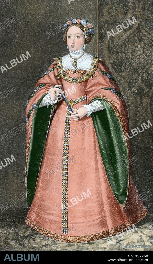 MARIA MANUELA DE PORTUGAL (1527-1545). Hija de los reyes de Portugal Juan III y Catalina. Primera esposa (1543) del rey de España Felipe II. Grabado coloreado.