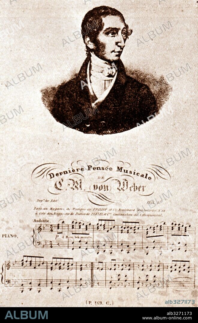 Portrait and 'Last Musical Thought' of Carl Maria von Weber (1786-1826) a German composer, conductor pianist, guitarist and critic. Dated 19th Century.