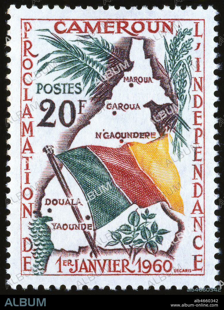 '1er janvier 1960 : proclamation de l'independance'. Timbre representant le Cameroun et son drapeau. Collection KHARBINE-TAPABOR.