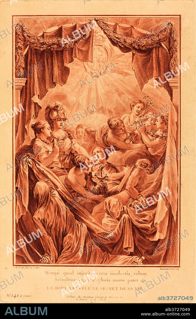 GILLES DEMARTEAU, THE ELDER AFTER CHARLES-NICOLAS COCHIN II. Allegory on the Death of the Dauphin. Dated: 1767. Dimensions: plate: 35.5 x 22.5 cm (14 x 8 7/8 in.)  sheet: 46.3 x 32.3 cm (18 1/4 x 12 11/16 in.). Medium: crayon-manner engraving in red-brown on laid paper.