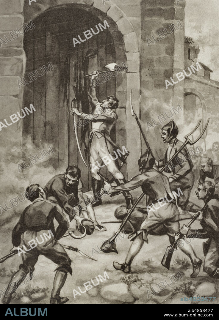 Guerra de la Independencia Española (1808-1814). Reconquista de Vigo. Alzamiento popular que tuvo lugar el 28 de marzo de 1809 contra la invasión francesa. Los vigueses, liderados por los militares Pablo Morillo (1775-1837) y Bernardo González "Cachamuíña" (1771-1848), consiguieron expulsar a los franceses de la ciudad. Conquista de Vigo por los paisanos. Los guerrilleros de 1808. Historia popular de la Guerra de la Independencia, por Enrique Rodríguez-Solís. Tomo I. Publicado en Madrid, 1930.