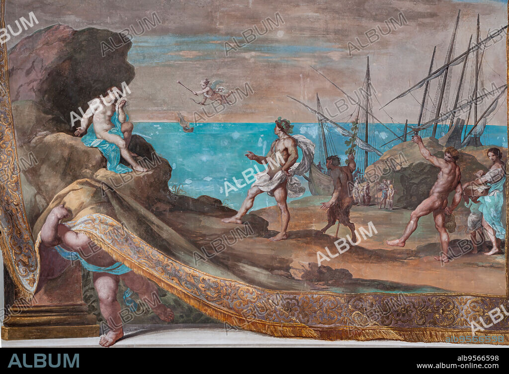 Sassuolo, Este Ducal Palace, the Bacchus Gallery: Bacchus reaches Ariadne abandoned by Theseus on the island of Naxos. The faux tapestry raised by a putto which remains almost totally hidden by it, depicts a seascape dominated by a rock on which Ariadne sits. On the right, Bacchus tries to console her for Theseus' flight; behind him some satyrs and ships. It is one of the forty-one panels with scenes painted by Jean Boulanger which narrate the events of Bacchus. Wall tempera painting, 1650 - 52.