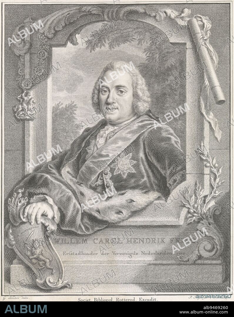 William IV, prince of Orange-Nassau and stadholder, seen through a window, with an ermine cloak over a shoulder. He shows the Dutch coat of arms, Portrait of Prince William IV of Orange-Nassau., print maker: Pieter Tanjé, (mentioned on object), intermediary draughtsman: Gerard Sanders, (mentioned on object), publisher: Societ. Bibliopol. Rotterod., (mentioned on object), Amsterdam, 1750, paper, etching, engraving, h 240 mm × w 188 mm.