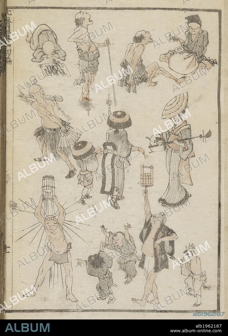 KATSUSHIKA HOKUSAI. Tradesmen and entertainers. Hokusai Manga. Edo (Tokyo) , Japan,(1760-1849). Tradesmen and entertainers. Image taken from : Hokusai Manga  Originally published/produced in Edo(Tokyo),Japan,1760-1849 . . Source: Or.65.a.43 volume 1,f 10. Language: Japanese.