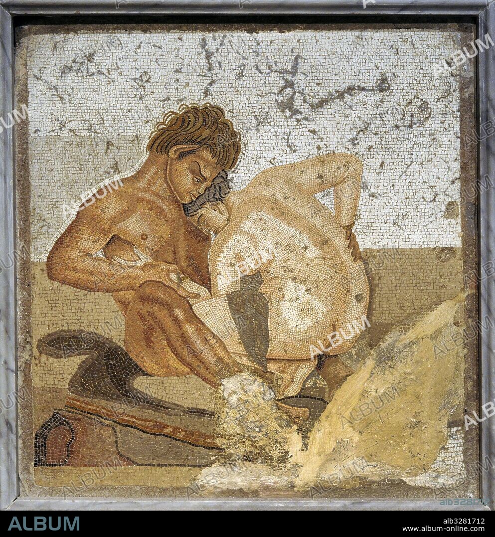Mosaico romano. Coito entre sátiro y ninfa. Pieza procedente de la Casa del Fauno (VI, 12, 2). Pompeya. Primer estilo. Segunda mitad del siglo II d. C. Gabinete Secreto. Museo Arqueológico Nacional. Nápoles. Italia.