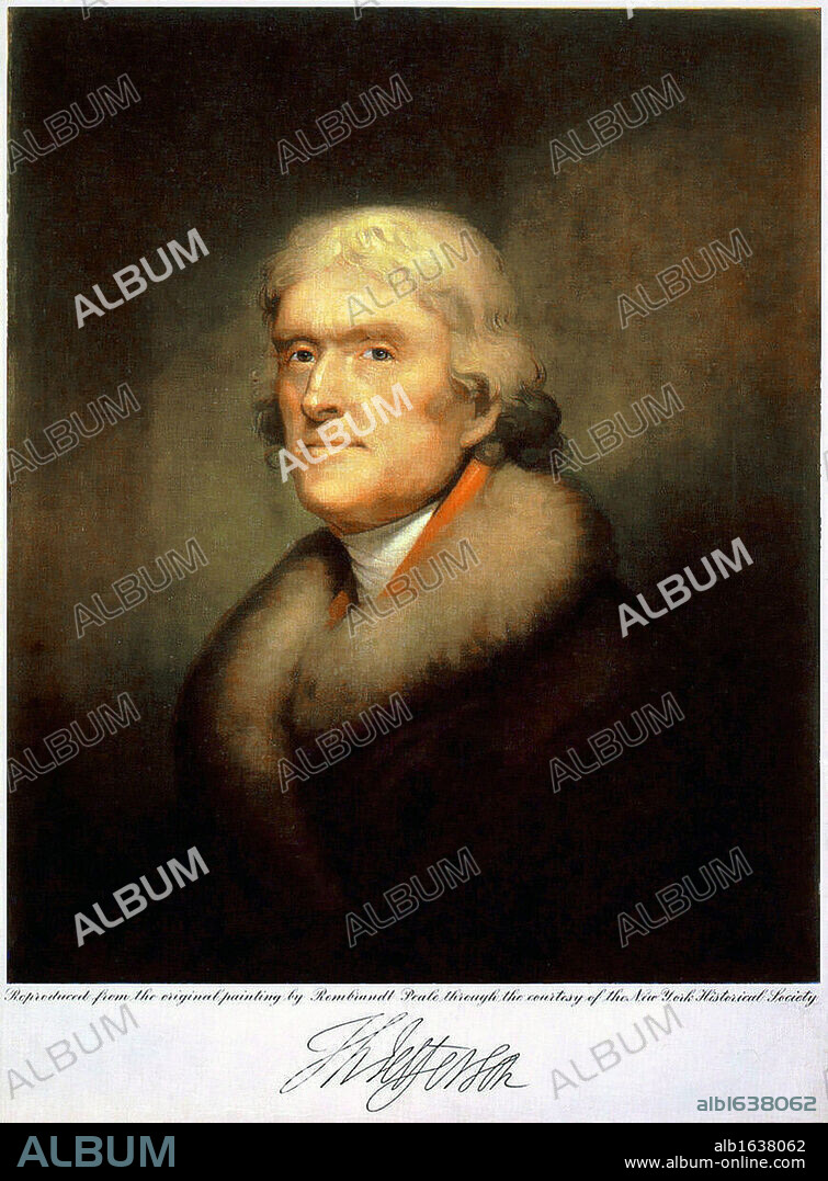 Thomas Jefferson (1743-1826) Third President of the United States 1801-1809.  Lithograph after the 1805 portrait by Rembrandt Peale.