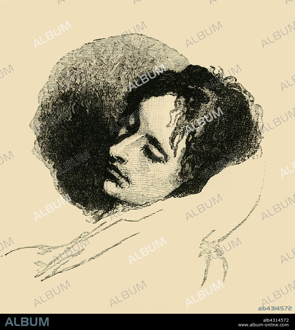 'John Keats', 1821, (c1876). John Keats (1795-1821), English Romantic poet on his deathbed with tuberculosis aged 25, sedated with laudanum and opium. Keats moved to Hampstead in April 1817. Engraving after portrait by Joseph Severn. From "Old and New London: A Narrative of Its History, Its People, and Its Places. The Western and Northern Studies", by Edward Walford. [Cassell, Petter, Galpin & Co., London, Paris & New York].