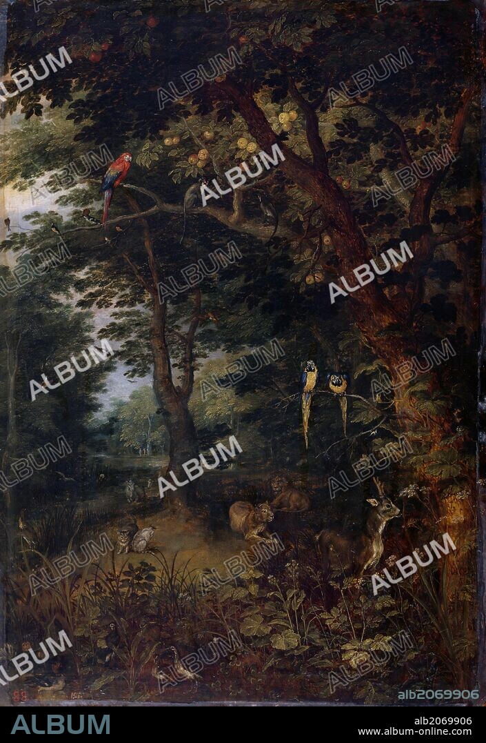 JAN BRUEGHEL EL JOVEN. Jan Brueghel 'el Joven' / 'El Paraíso Terrenal', Hacia 1620, Escuela Flamenca, Óleo sobre Tabla, 59 cm x 41 cm, P01410.