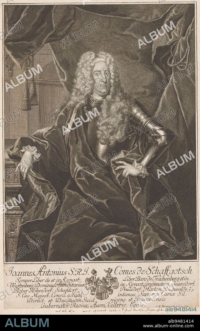 Portrait of Johann Anton, Graf von Schaffgotsch, Johann Martin Bernigeroth, 1740, print maker: Johann Martin Bernigeroth, (mentioned on object), Leipzig, 1740, paper, etching, engraving, h 319 mm × w 205 mm.