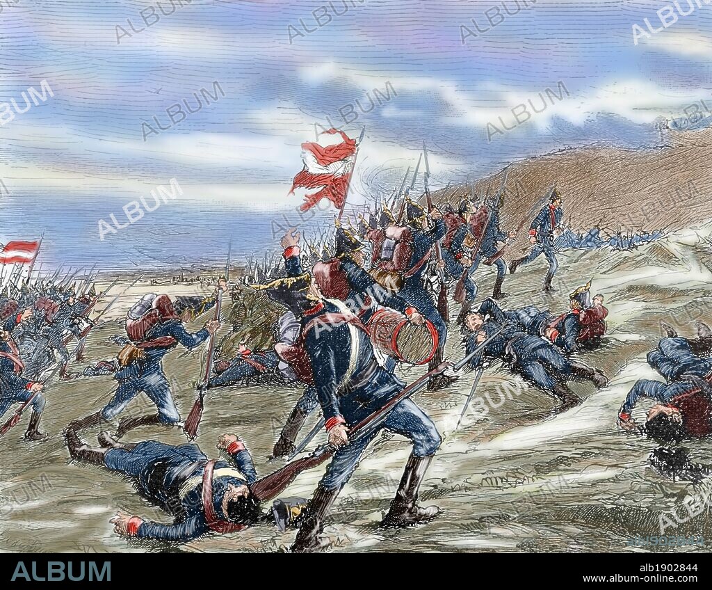 ASUNTO DE SCHLESWIG-HOLSTEIN. Primera guerra de Schleswig-Holstein o Guerra de los Tres Años (1848-1851). COMBATE ENTRE DANESES Y PRUSIANOS EN LA BATALLA DE KOLDING EL 23 DE ABRIL DE 1849". Grabado coloreado del siglo XIX.
