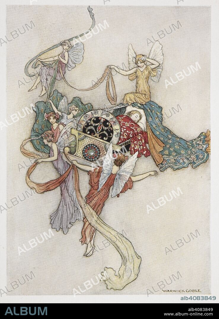 "'I was accordingly laid in a cradle of mother-of-pearl, ornamented with gold and jewels.'" Illustration by Warwick Goble for "The White Cat". The Fairy Book ... By the author of â€œJohn Halifax, Gentlemanâ€ [Dinah Maria Craik] With 32 illustrations in colour by Warwick Goble. London : Macmillan & Co., 1913. Source: 12410.s.5 plate opposite page 283.