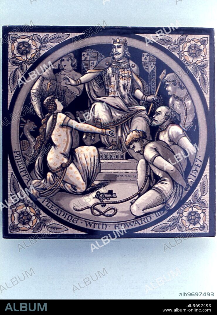Victorian tile - decorated by J Moyr Smith - Philippa pleading with King Edward III 1347.