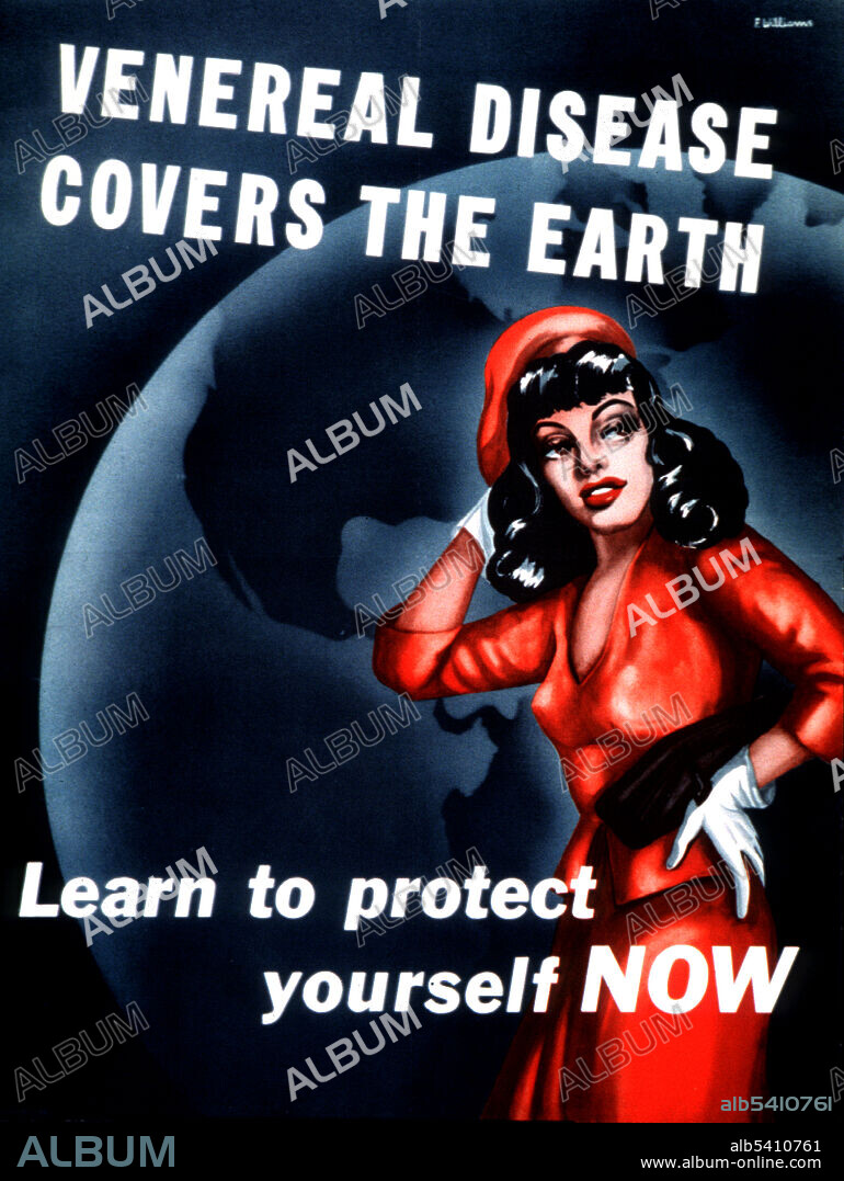 Venereal Disease Covers the Earth. Posters associating women with venereal disease frequently appealed to the viewing soldier by using illustrations of attractive or available women. Poster extends the warning to soldiers by identifying venereal disease as a global problem. The glamorous woman in the illustration, posing in a low-cut red dress, is set against a shadowed globe in the background. This poster might also be adopting the language of anti-Communism and borrowing the color of the red menace. The headline warns the venereal disease covers the earth. The tactic of appealing to the soldier's sense of patriotism in urging them to protect themselves for the sake of the country.