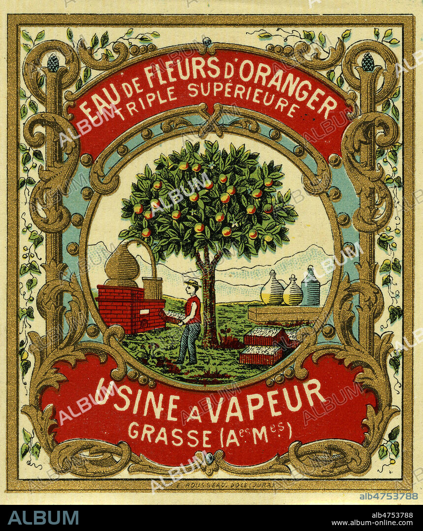 'Eau de fleurs d'oranger'. Etiquette parfumerie Grasse, vers 1890. Illustration anonyme representant la distillation de la fleur. 19eme siecle. Credit : Collection IM/KHARBINE-TAPABOR.