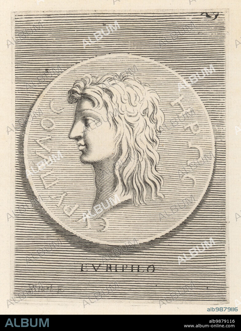 Eurypylus of Thessaly, son of Euaemon and Ops, leader of the Thessalian navy of 40 ships during the Trojan War. Head of a young man with long loose hair from a bronze medal. Euripilo. Copperplate engraving by Etienne Picart after Giovanni Angelo Canini from Iconografia, cioe disegni d'imagini de famosissimi monarchi, regi, filososi, poeti ed oratori dell' Antichita, Drawings of images of famous monarchs, kings, philosophers, poets and orators of Antiquity, Ignatio deLazari, Rome, 1699.