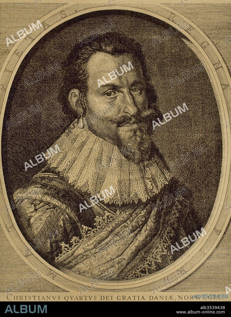 Cristian IV de Dinamarca (Castillo de Frederiksborg, Hillerod, 1577-Copenhague, 1648). Rey de Dinamarca y Noruega (1588-1648). Tomó parte en dos guerras contra Suecia y en la Guerra de los Treinta Años. Grabado por J. Hondius.