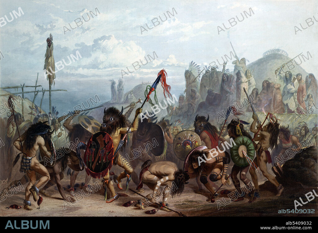 The Buffalo Dance is an annual dance festival of many North American Plains Indians, including the Mandan, Sioux, Cheyenne, Pawnee, and Omaha, among others. The festival traditionally coincided with the return of the buffalo herds, and included a feast and a dance with a number of men wearing buffalo and other animal skins. As the buffalo, or bison, was so central to society, it was important to assure the return of the herd and an abundance of food and resources. Voyage dans l'interieur de l'Amerique du Nord, execute pendant les annees 1832-34. Karl Bodmer (February 11, 1809, October 30, 1893) was a Swiss printmaker, lithographer, painter, illustrator and hunter. He accompanied the German explorer Prince Maximilian zu Wied-Neuwied on his Missouri River expedition.