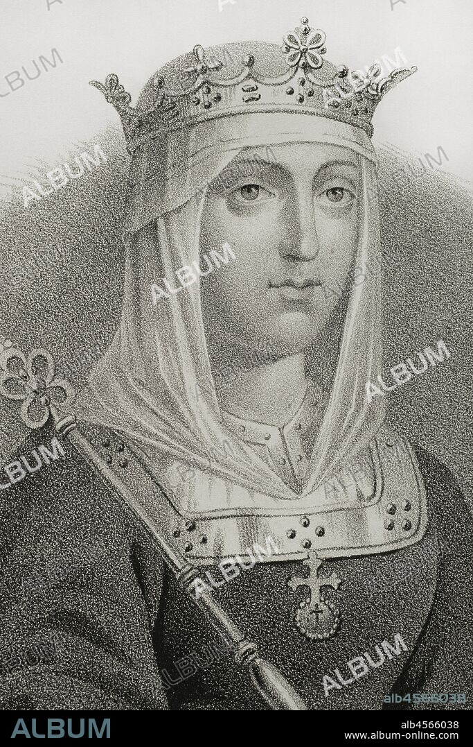 Isabel I de Castilla (1451-1504). Reina de Castilla (1474-1504). Esposa de Fernando I de Aragón. Dibujo por Llanta. Detalle. Litografía. Crónica General de España. Historia Ilustrada y Descriptiva de sus Provincias. Aragón, 1866. Biblioteca Histórico Militar de Barcelona, Cataluña, España.
