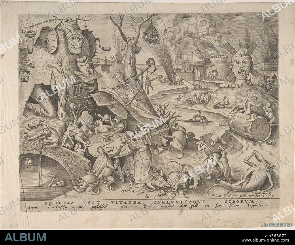 Gluttony (Gula) from The Seven Deadly Sins. Artist: Pieter van der Heyden (Netherlandish, ca. 1525-1569); After Pieter Bruegel the Elder (Netherlandish, Breda (?) ca. 1525-1569 Brussels). Dimensions: Sheet: 8 3/4 x 11 9/16 in. (22.3 x 29.3 cm). Publisher: Hieronymus Cock (Netherlandish, Antwerp ca. 1510-1570 Antwerp). Date: 1558.