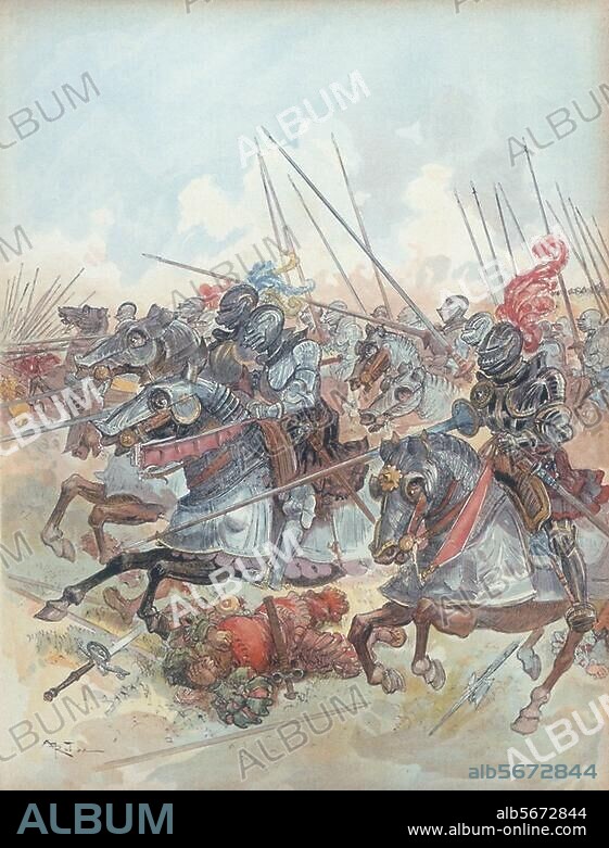 1re guerre de Charles Quint contre François Ier, 1521-1526 / Bataille de Pavie le 24 février 1525 (victoire des Impériaux et emprisonnement de François Ier. "Bataille de Pavie, la gendarmerie masquant l'artillerie". Litho. coul. d'ap. ill. de Albert Robida (1848-1926). In : Robida et Toudouze, François Ier, Paris 1909. Paris, Collection particulière.