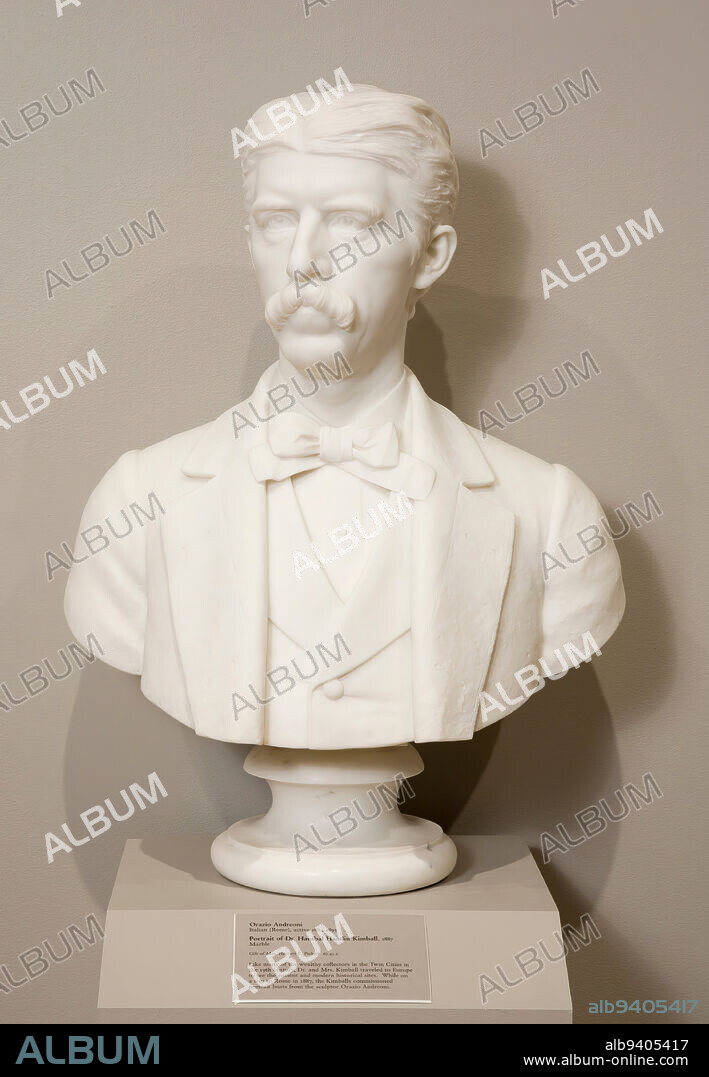 Portrait of Dr. Hannibal Hamlin Kimball, 1887, Orazio Andreoni, Italian, (Rome), active 18841893, 30 in. (76.2 cm) (without base), Marble, Italy, 19th century, Like many other wealthy citizens in the Twin Cities in the 19th century, Dr. and Mrs. Kimball traveled to Europe to see historical sites. While on a trip to Rome in 1887, the Kimballs commissioned portrait busts from the sculptor Orazio Andreoni.