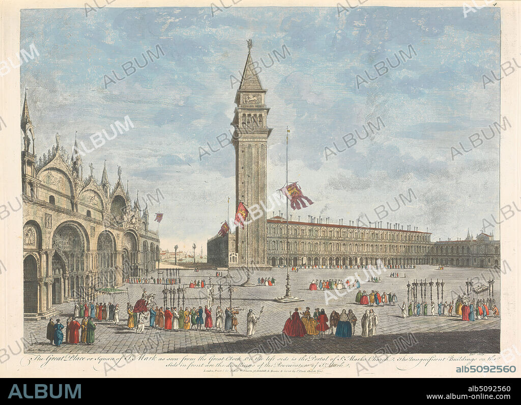 The Great Place or Square of St. Mark as seen from the Great Clock. On the left side is the Portal of St. Marks Church. The magnificent Building on the side in front are the dwellings of the Procurators of St. Mark, Nathaniel Parr, active 17421751, British, after unknown artist, (Marieschi, M.), undated, Hand-colored engraving on wove paper, Plate: 11 1/2 x 15 3/4in. (29.2 x 40cm) and DON'T USE: 12 1/2 x 18in. (31.8 x 45.7cm), church, cityscape, flags, men, palace, women, Europe, Italy, Piazzetta di San Marco, Venice.