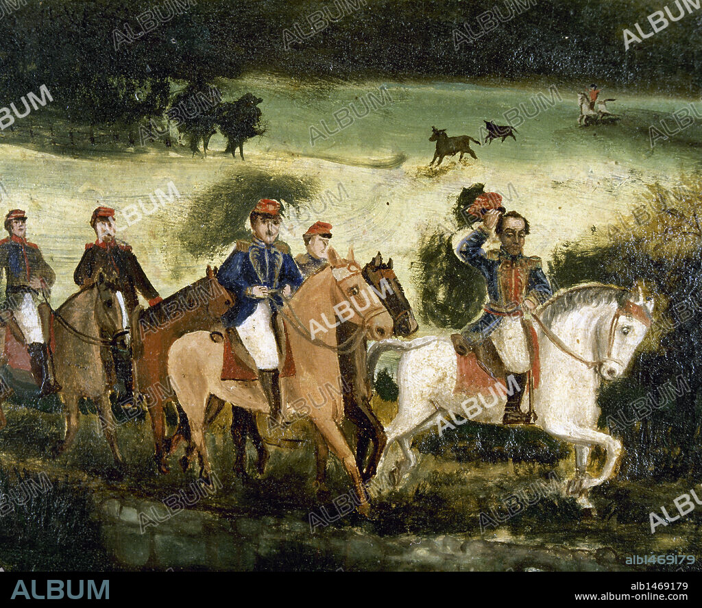 "BOLIVAR Y SANTANDER ATRAVESANDO LA SABANA EN DIRECCION A BOGOTA. EL EJERCITO LIBERTADOR DESPUES DEL TRIUNFO". S. XIX. En primer término los generales Bolívar (1783-1830) y Santander (1792-1890) después de la BATALLA DE BOYACA (7 de agosto de 1819). Detalle del óleo sobre lienzo, 65,5x116 cm. de Francisco de Paula ALVAREZ. Museo Nacional. Colombia.