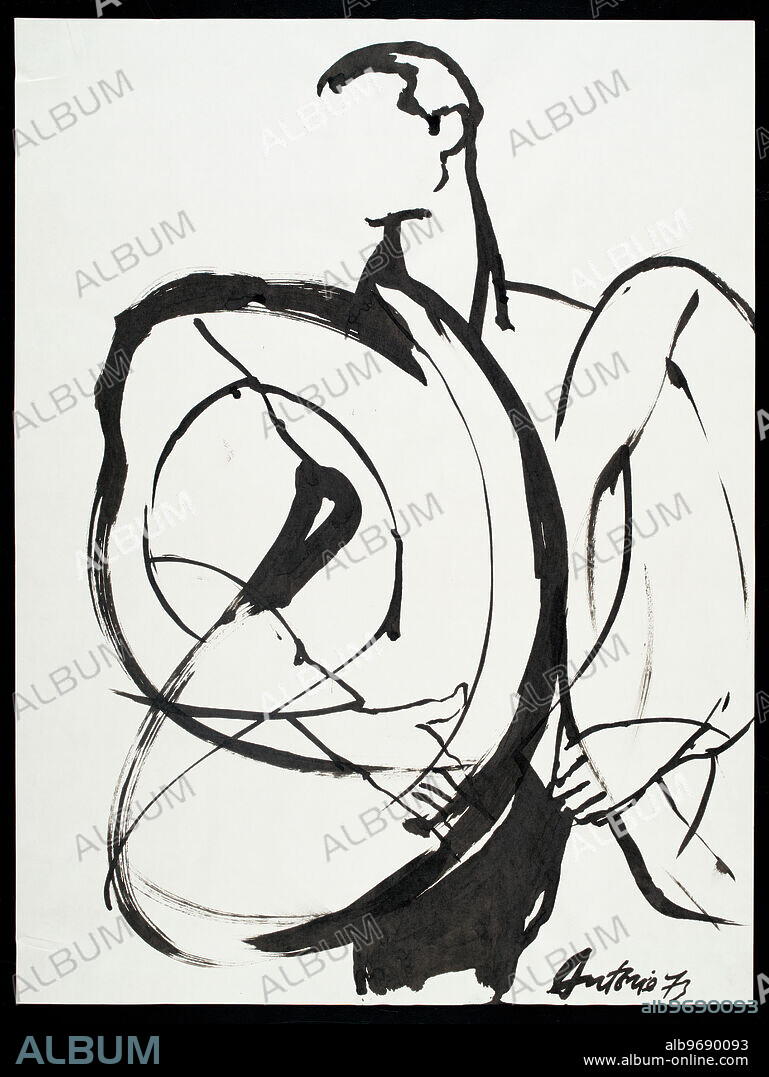 Costume design drawing of a padded and quilted eiderdown jacket. Fashion design by Charles James. Illustration by Antonio Lopez.