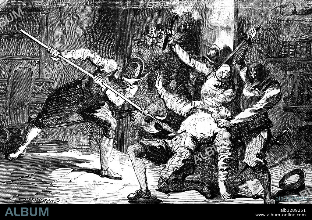 Engraving depicting the murder of Petrus Ramus (1515-1572) an influential French humanist, logician, educational reformer, and Protestant convert, during the St. Bartholomew's Day Massacre. Dated 16th Century.
