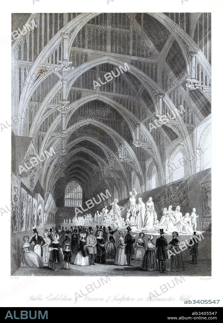 Victorian tourists at an exhibition of frescos, paintings and sculpture in Westminster Hall, 1844. Steel engraving by Radclyffe after an illustration by B. Sly from London Interiors, Their Costumes and Ceremonies, Joshua Mead, London, 1841.