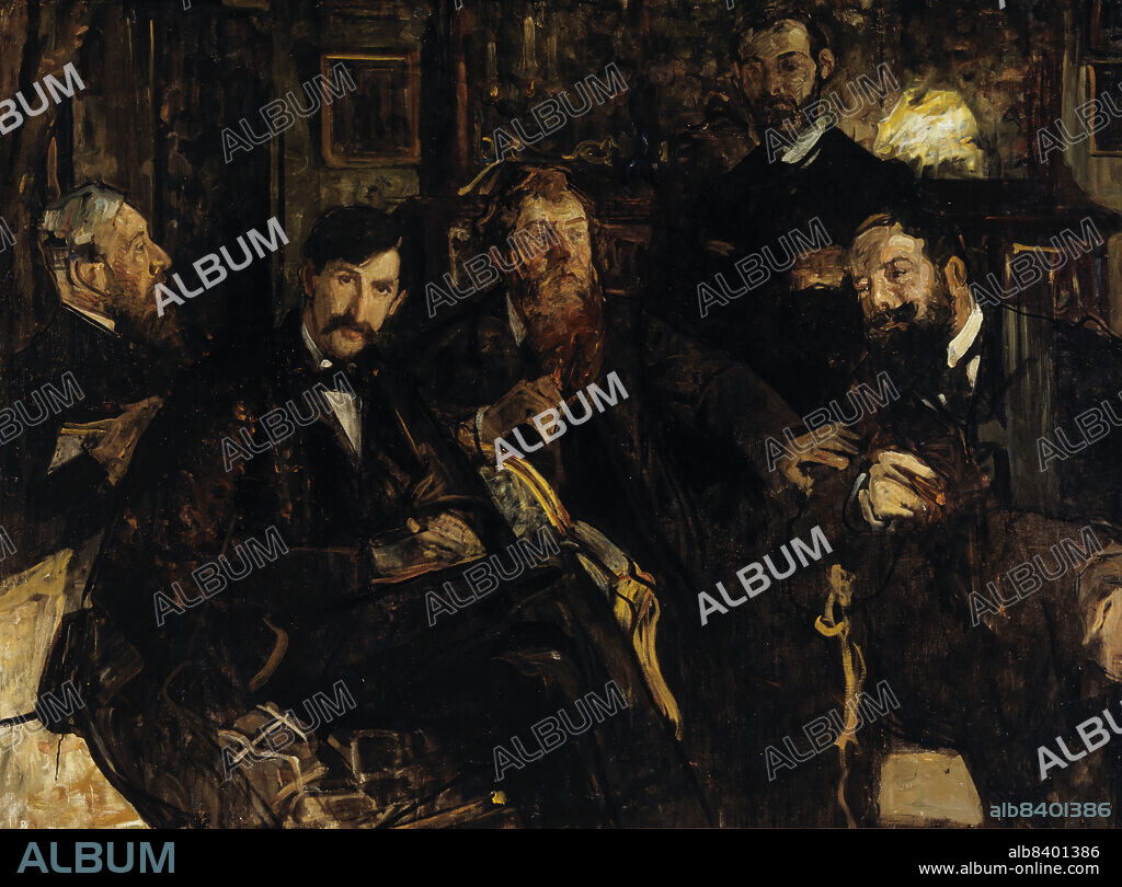 Les amis, c.1899. The friends. Some of Lucien Simon's artist friends: André Dauchez, Edouard Saglio, Charles Cottet, André Saglio and René Ménard, in his studio in Montparnasse.