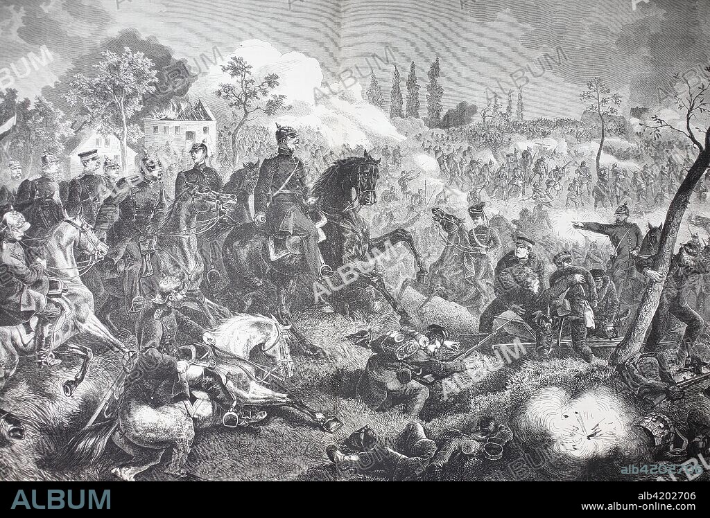 King William in the Battle of Gravelotte, France, on 18 August, in the Franco-German War 1870/1871. The Battle of Gravelotte, or Gravelotte?St. Privat, was the largest battle during the Franco-Prussian War, digital improved reproduction of a woodcut from the year 1880.