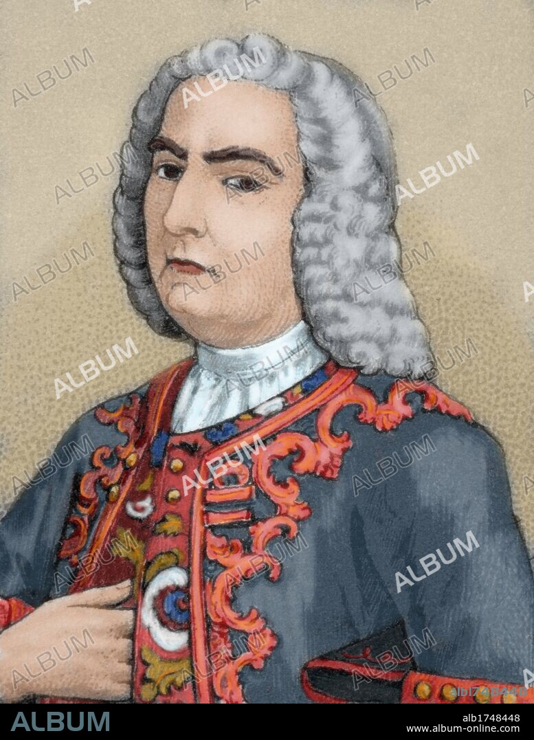 GUEMES Y HORCASITAS, Juan Francisco (Conde de Revillagigedo) (Reinosa, 1682-Madrid, 1768). Militar y administrador español. Primer Conde de Revillagigedo. En 1746 fue designado virrey de Nueva España, cargo que desempeñó hasta 1755. Impulsó la colonización interior, el desarrollo minero y la libertad de comercio. Cuando volvió a España (1756) fue decano del Consejo de Guerra. Grabado coloreado.
