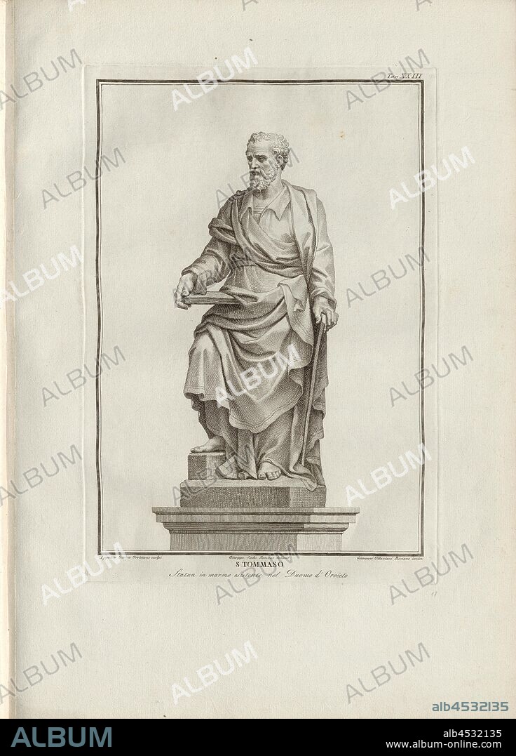 St. Thomas, Marble statue of Apostle Thomas in the Orvieto Cathedral, signed: Ippolito Scalza Orvietano scolpi; Giuseppe Cades Romano delineo; Giovanni Ottaviani Romano incise, Tav., XXIII, Scalza, Ippolito (scolpi); Cades, Romano (delineo); Ottaviani, Giovanni (incise), Guglielmo Della Valle: Storia del duomo di Orvieto. Roma: presso i Lazzarini, MDCCXCI [1791].