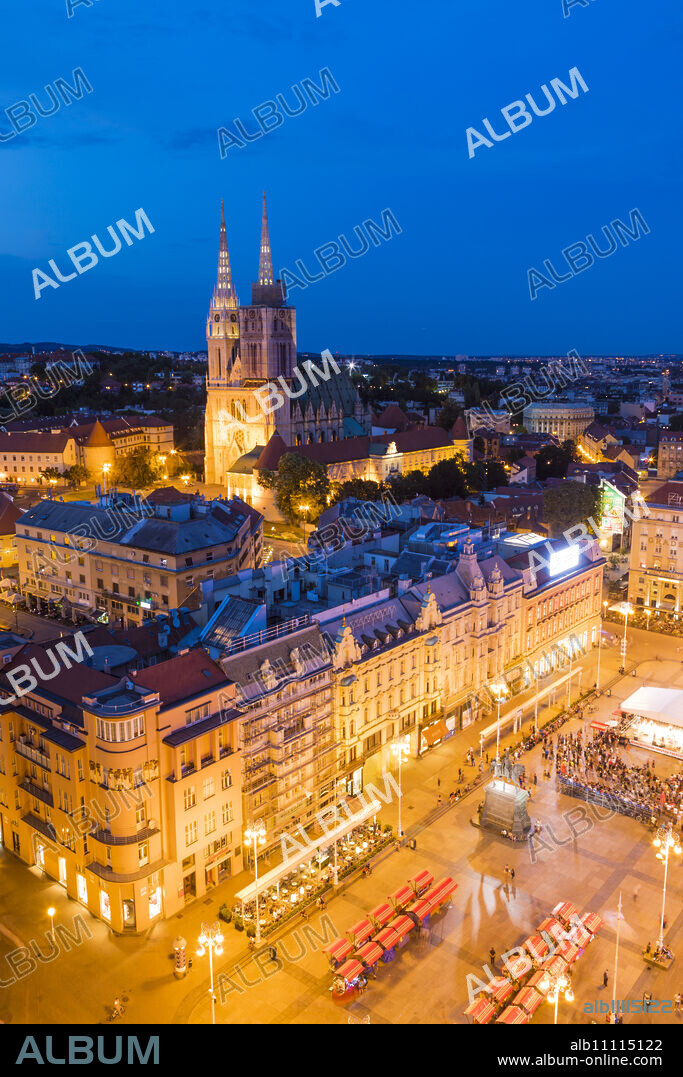 View of Ban Jelacic Square and Cathedral of the Assumption Blessed Virgin Mary at night, Zagreb, Croatia, Europe.