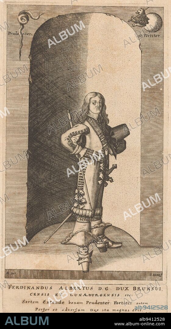 Portrait of Ferdinand Albrecht I von Braunschweig-Wolfenbüttel-Bevern, Conrad Buno, after Albert Freyse, 1650, Above the motto 'Prudenter et Fortiter' with a serpent and a lion with a sword emerging from a sphere or egg., print maker: Conrad Buno, (mentioned on object), Albert Freyse, (mentioned on object), Martin Gosky, (mentioned on object), Wolfenbüttel, 1650, paper, etching, engraving, h 245 mm × w 145 mm × h 34 mm × w 144 mm.